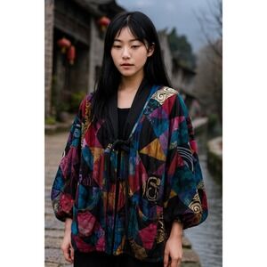 Vintage Abstract Patchwork Kimono Jacket Multicolor‎ Boho Art-to-Wear Statement